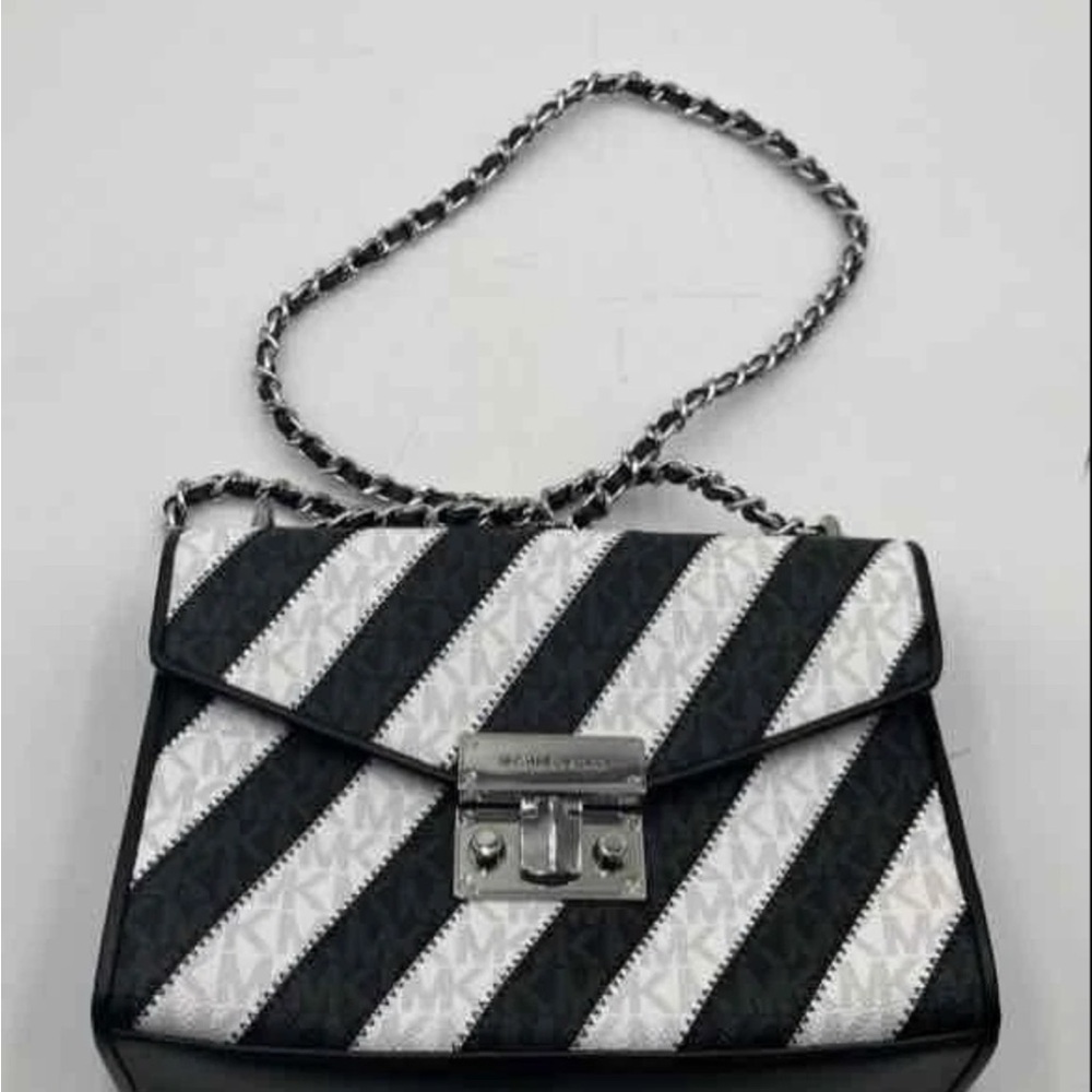 Michael Kors Rose Medium Flap Black and White Striped Women's Bag
